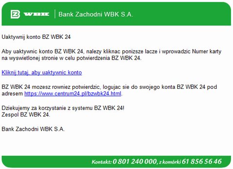 Fałszywa wiadomość o aktywacji konta w WBK