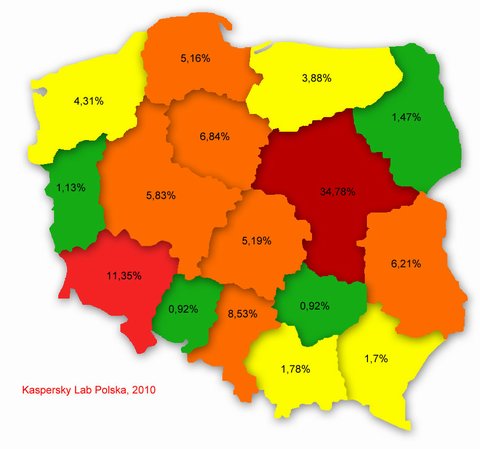 Poziom infekcji w poszczególnych województwach, luty 2010