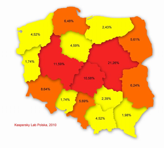 Poziom infekcji w poszczególnych województwach, maj 2010