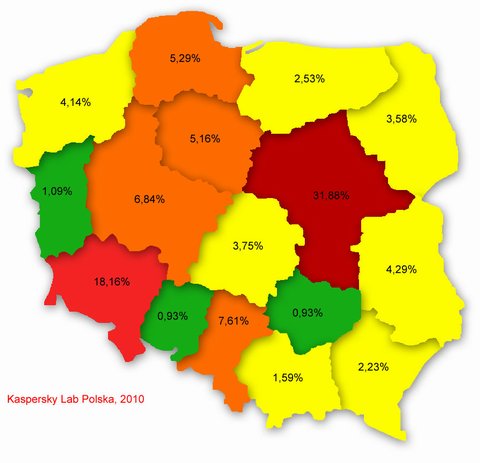 Poziom infekcji w poszczególnych województwach, marzec 2010