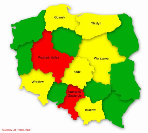 Poziom infekcji w poszczególnych województwach, czerwiec 2009