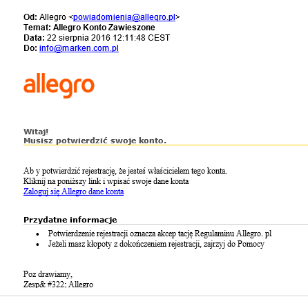 Fałszywa wiadomość Allegro