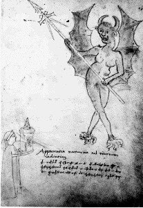 Rysunek z 1420  roku przedstawiający zakonnicę korzystającą z magicznej latarni
